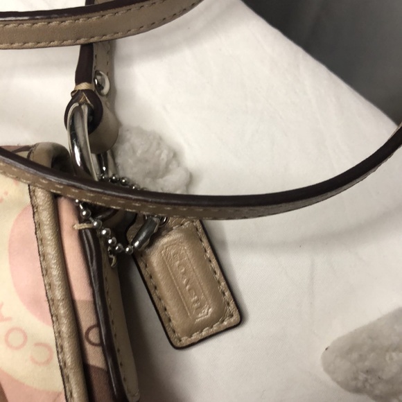 COACH SOHO logo snap head flap mini pink, brown, & tan Sateen fabric crossbody. - Picture 2 of 9